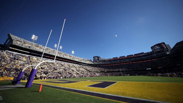 A low-angle view of the field at Tiger Stadium.
