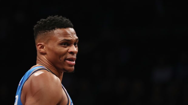 A closeup of Russell Westbrook during a game.