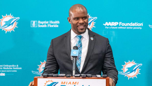 Brian Flores speaking to the media after being named the Miami Dolphins head coach.