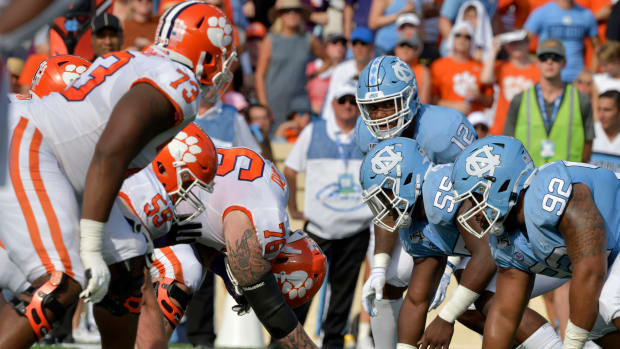 Clemson and North Carolina lined up against each other.