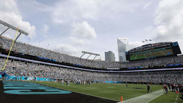 A field level view of the Carolina Panthers stadium.