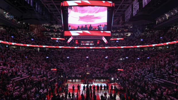 A general view of the Air Canada Centre during the playing of the Canadian anthem.