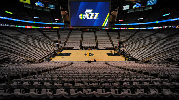A view of the seats in an empty Utah Jazz arena.