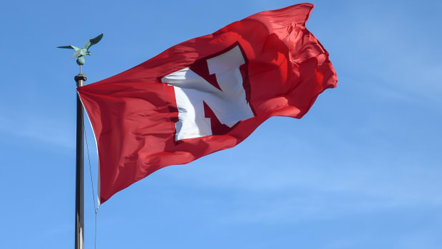 Nebraska's flag waves in the wind.