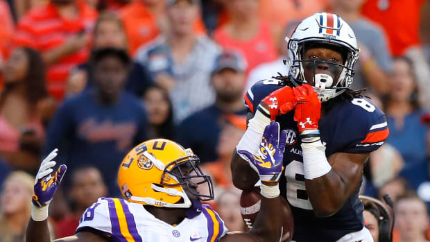 Tony Stevens #8 of the Auburn Tigers fails to pull in this touchdown reception against Tre'Davious White #18 of the LSU Tigers at Jordan-Hare Stadium.