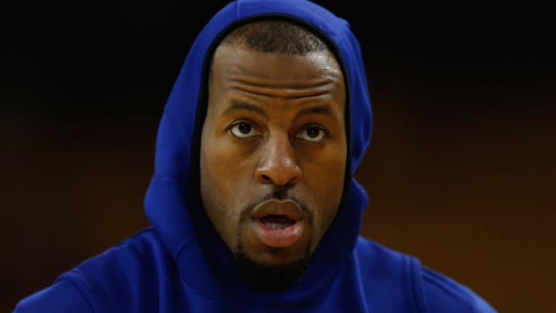 Andre Iguodala warms up before an NBA Finals game.