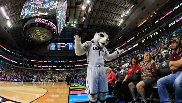UConn's mascot interacting with the fans.