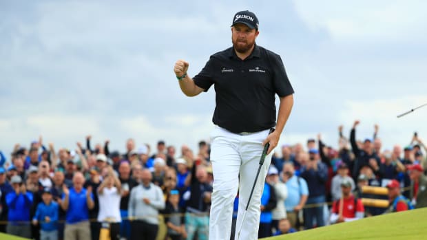 Shane Lowry reacts to his putt at The Open Championship.