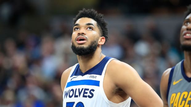 A closeup of Karl-Anthony Towns during a game.
