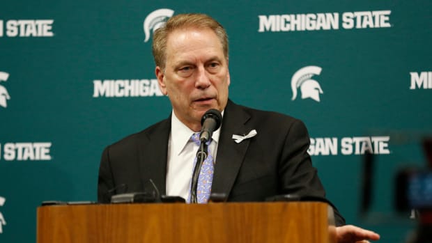 Michigan State coach Tom Izzo speaking at a press conference.