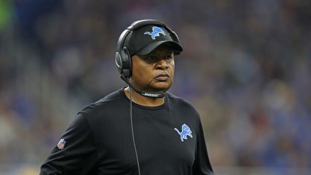 Jim Caldwell on the sidelines coaching the Detroit Lions.