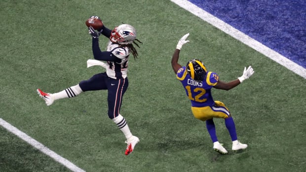 New England Patriots star Stephon Gilmore intercepts a pass attempt from jared goff in the NFL's Super Bowl.