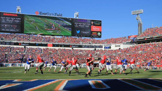 A general view of a football game being played between Florida and Georgia.