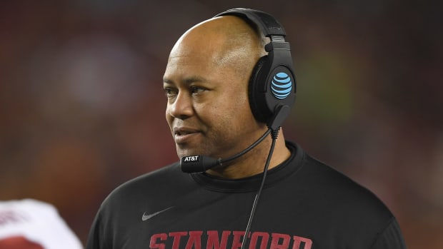A closeup of Stanford coach David Shaw.