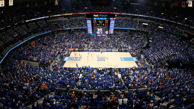 An aerial shot of Memphis' basketball court.