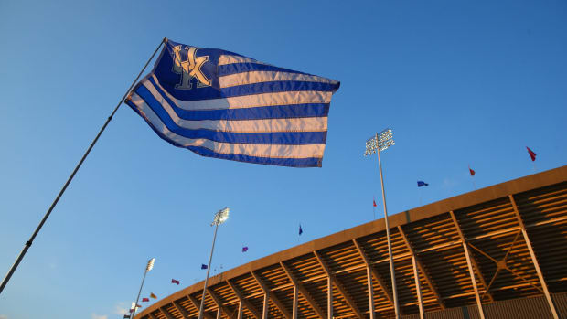 A Kentucky flag outside of Commonwealth Stadium.