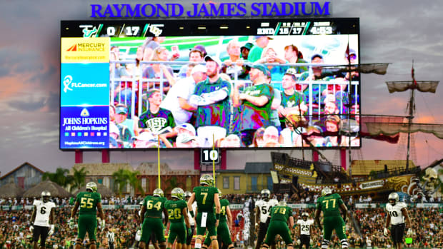 A ground level shot of Raymond James Stadium during a USF game.