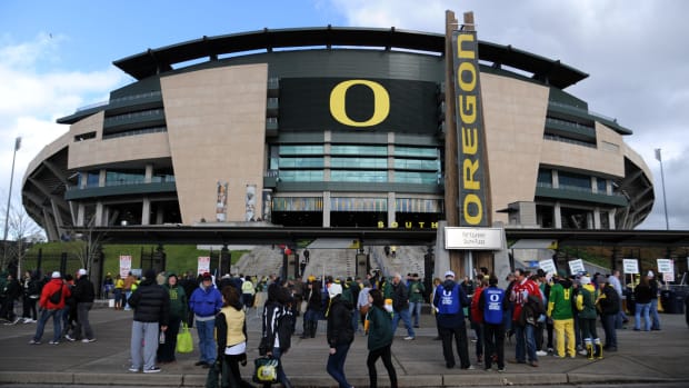An exterior view of Oregon's football stadium.