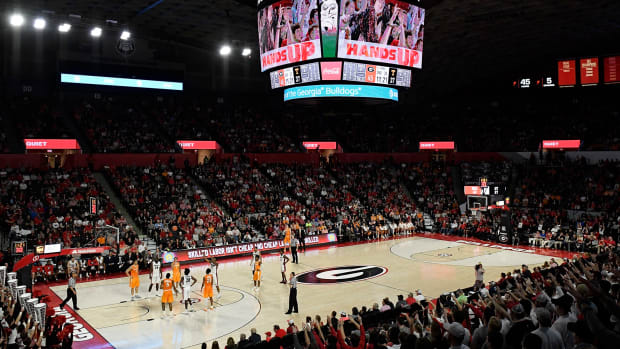 A general view of Georgia's basketball court during a game.