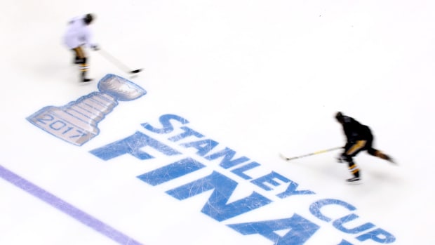 A view of the NHL stanley cup final logo.