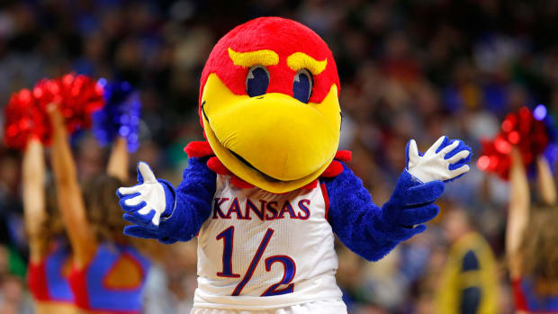 A solo shot of Kansas' mascot.