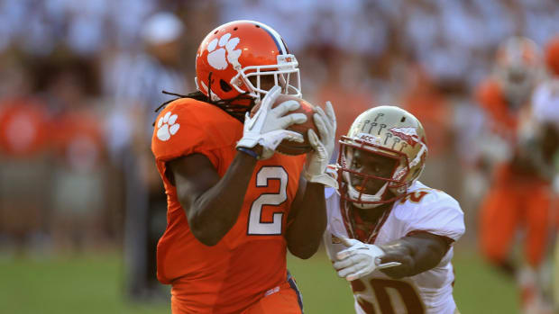 Sammy Watkins #2 of the Clemson Tiger catches a pass for a touchdown against Lamarcus Joyner #20 of the Florida State Seminoles.