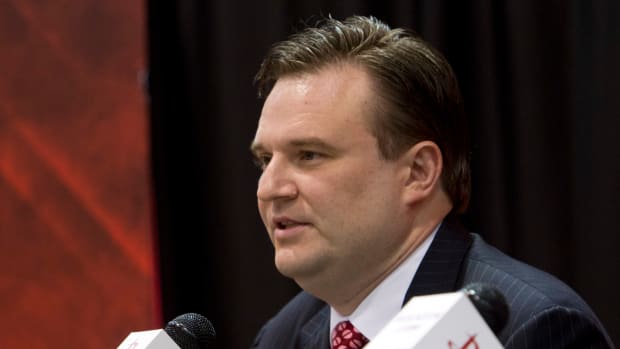 Houston Rockets general manager Daryl Morey at a press conference, now the president of basketball operations for the Philadelphia 76ers as of 2020.