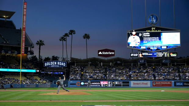 A view of Dodger Stadium during a game.