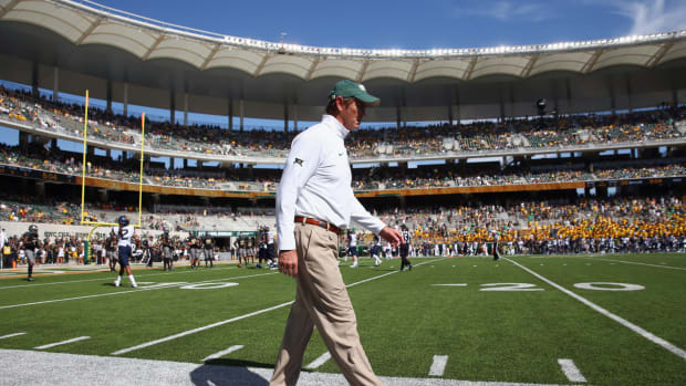 Head coach Art Briles of the Baylor Bears looks on as the Bears take on the West Virginia Mountaineers in the second half at McLane Stadium.