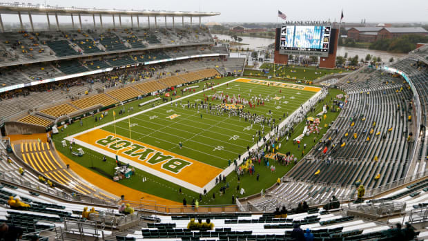 The swollen Brazos River runs just behind the playing field before the Iowa State Cyclones take on the Baylor football program at McLane Stadium. The Bears were supposed to host Houston in Week 3 of the 2020 season.