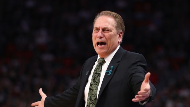 A closeup of Tom Izzo reacting during a Michigan State Spartans game.
