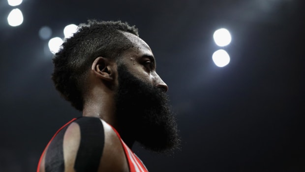 A closeup view of James Harden in his Rockets uniform.