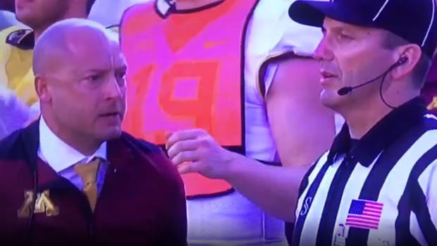 P.J. Fleck rips an official during Minnesota vs. Auburn in the Outback Bowl.