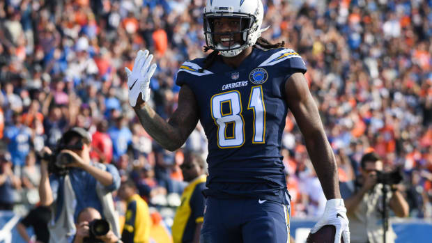 Mike Williams celebrates for the Los Angeles Chargers.