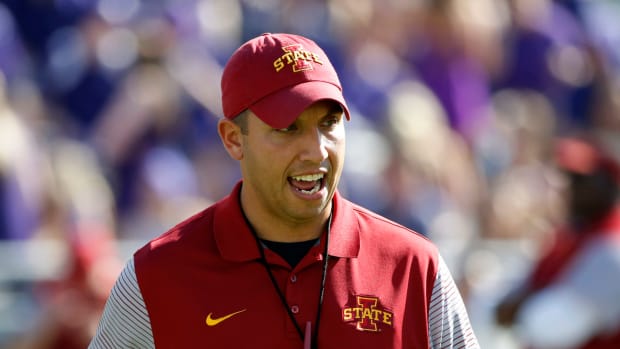Head coach Matt Campbell of the Iowa State Cyclones looks toward the field of play before the Cyclones take on the TCU Horned Frogs.