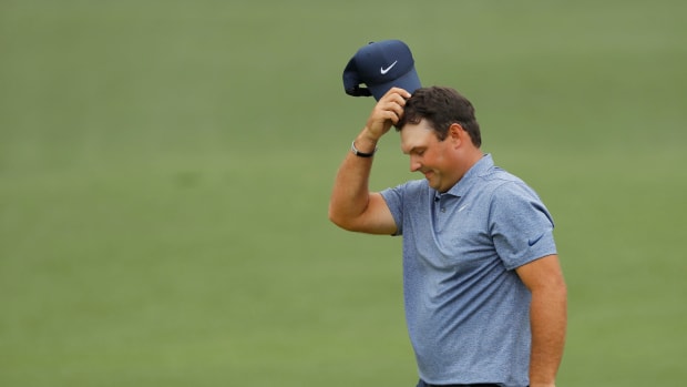 Patrick Reed reacting during The Masters.