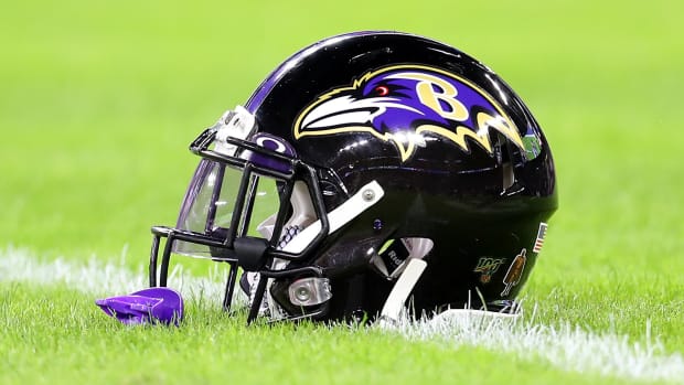 Baltimore Ravens helmet on the field.