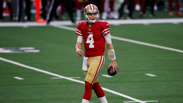 Nick Mullens reacts to a penalty.