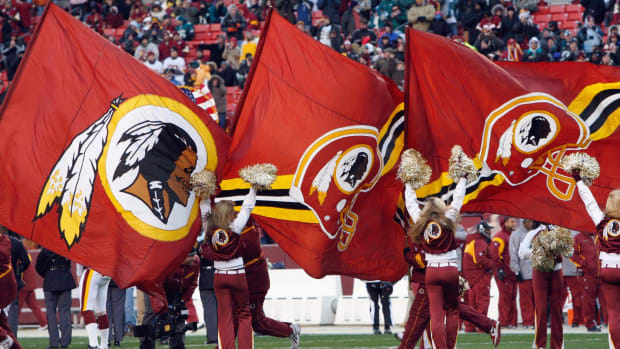 A view of the cheerleaders at a Washington Redskins game.