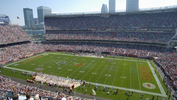 A field level view of the Cleveland Browns stadium.