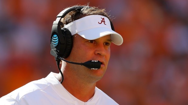 A closeup of Lane Kiffin in an Alabama visor. He is now the Ole Miss football head coach.