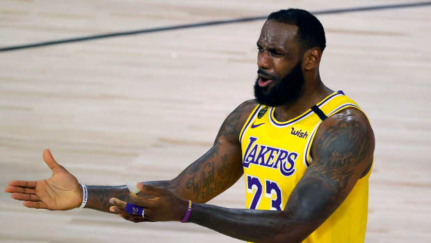 LeBron James reacts to a call in the bubble.