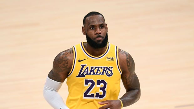LeBron on the court for the Lakers.