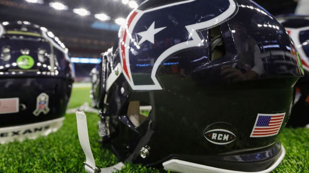 A closeup of a Houston Texans helmet during an NFL game.