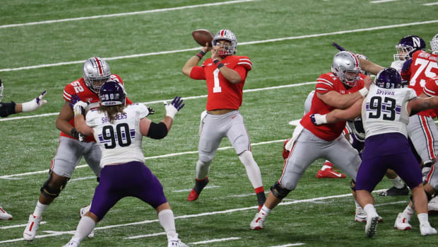 Justin Fields throwing the football for Ohio State at the Big Ten Championship in 2020.