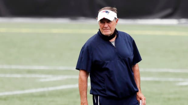 New England Patriots head coach Bill Belichick on the practice field.