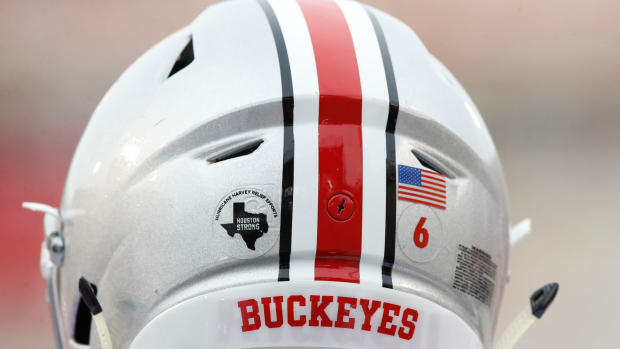 A closeup of an Ohio State Buckeyes football helmet.