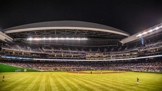 A view of the Miami Marlins stadium from the outfield.
