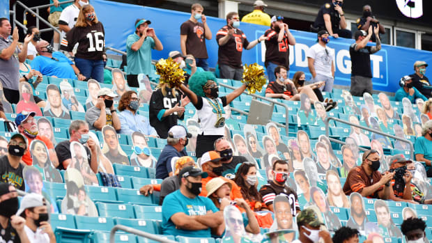 Jacksonville Jaguars fans root on the team during a game against the Browns.