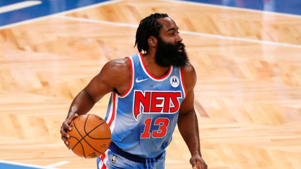 James Harden on the court for the Brooklyn Nets during an NBA game.